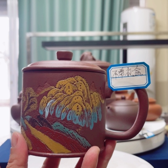 紫砂茶杯紫泥彩绘杯300c c