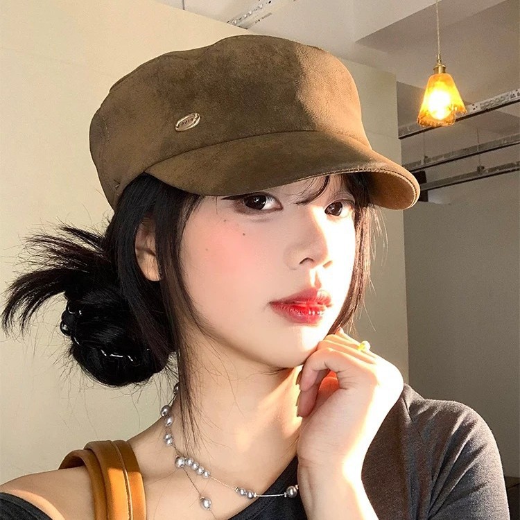日系高级感麂皮绒平顶马术帽子女秋冬复古英伦风骑士帽时尚报童帽