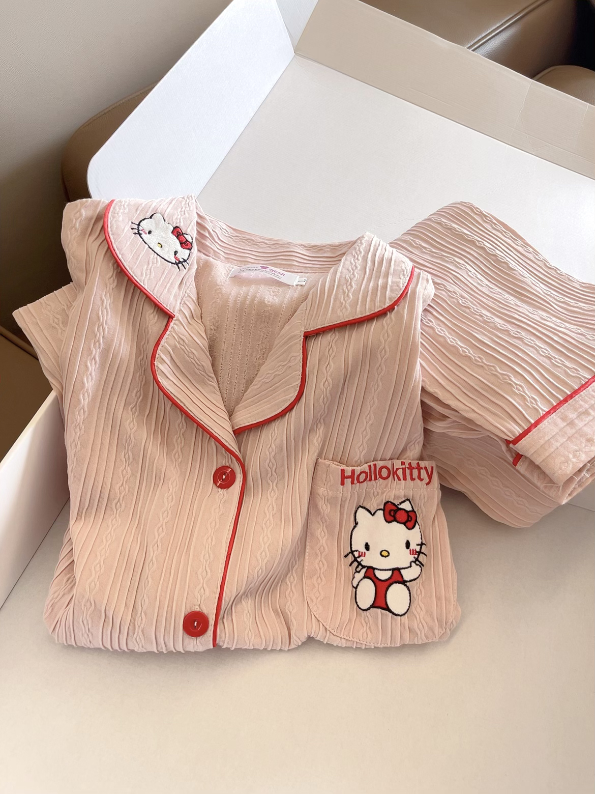 可爱kitty猫睡衣女春秋新款提花棉薄款甜美风开衫长袖长裤家居服