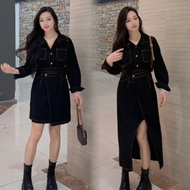 （铭选）3352微胖穿搭法式复古小众设计感长袖牛仔裙气质遮肉连衣裙