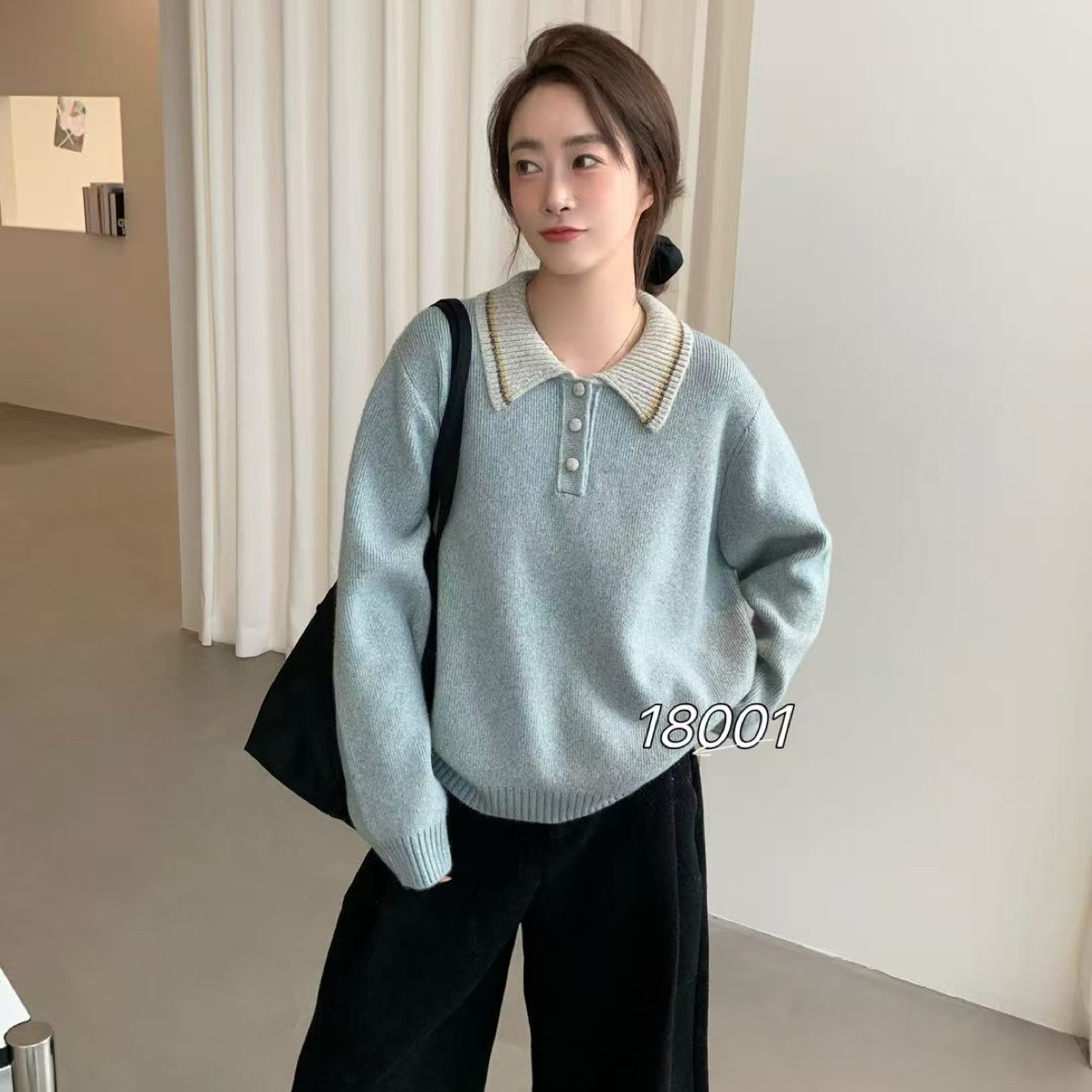 【妙女郎】翻领纽扣针织衫女冬季polo减龄毛衣A6008