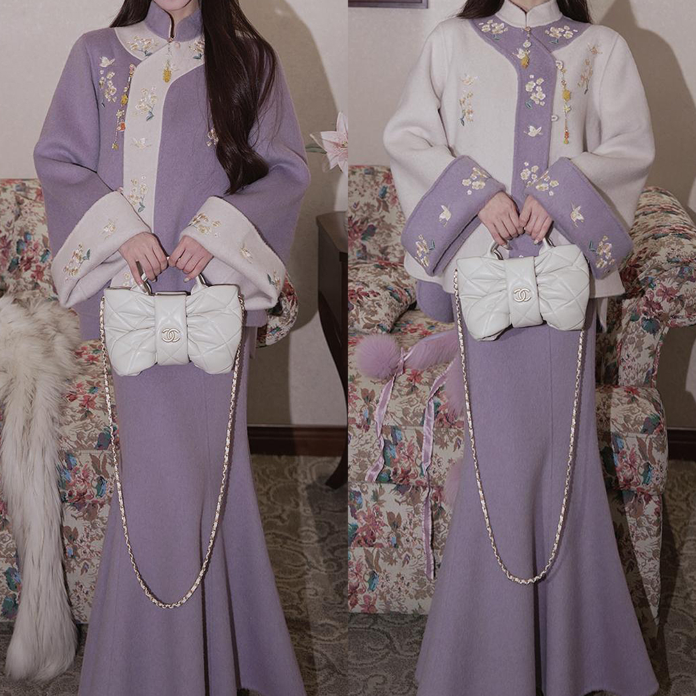 【紫玉秋香】冬圆领短款 100绵羊毛毛呢外套半裙