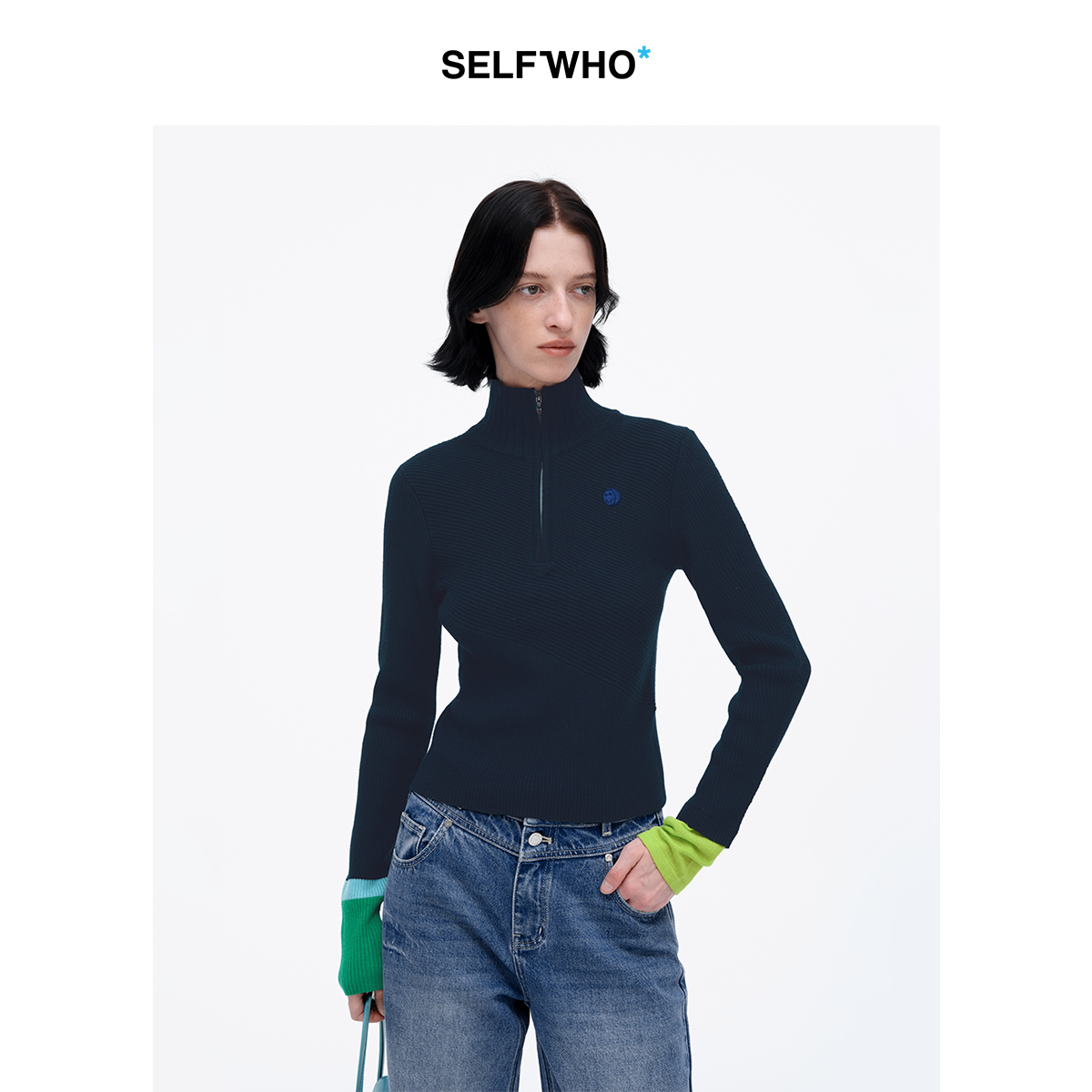  【周也同款】SELFWHO羊毛混纺半高领拉链针织衫修身撞色打底上衣