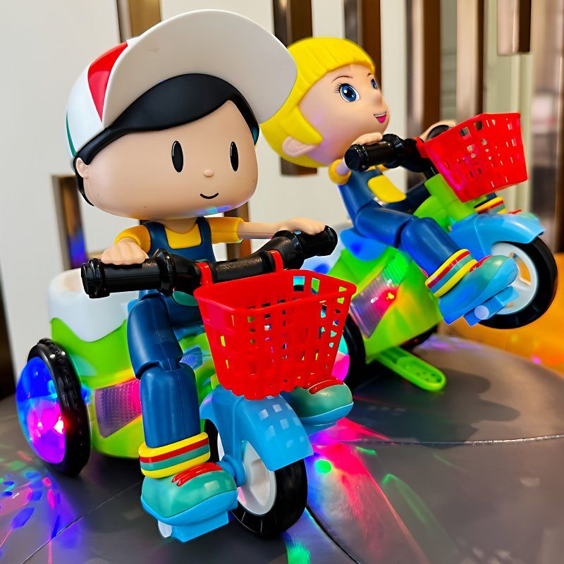 大头娃娃特技三轮车电动玩具360度旋转带灯光音乐