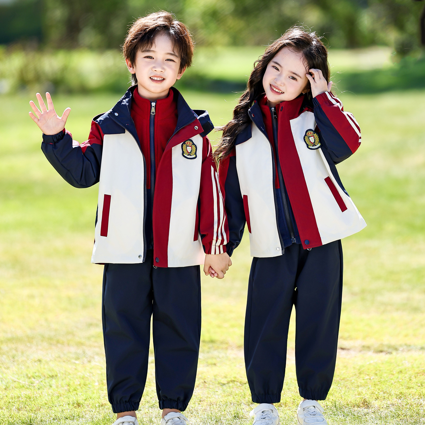 小学生班服套装秋冬装冲锋衣三件套幼儿园园服春秋季儿童校服红色