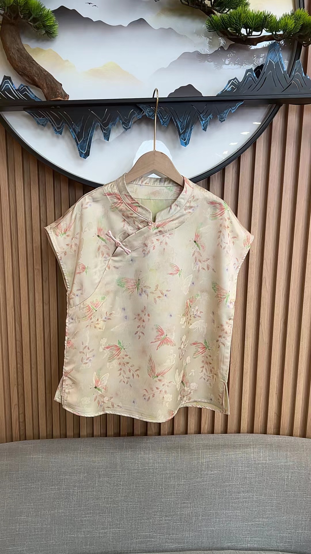 1606彩绘立领T恤提花新中式黄色短袖套装印花无袖复古中国风背心