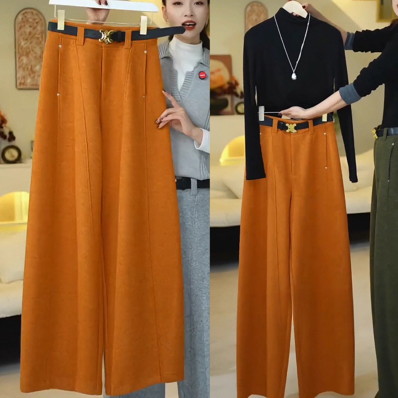 南瓜橙羊毛呢弯刀阔腿裤女2025秋冬季新款爆款裤子垂感直筒休闲裤