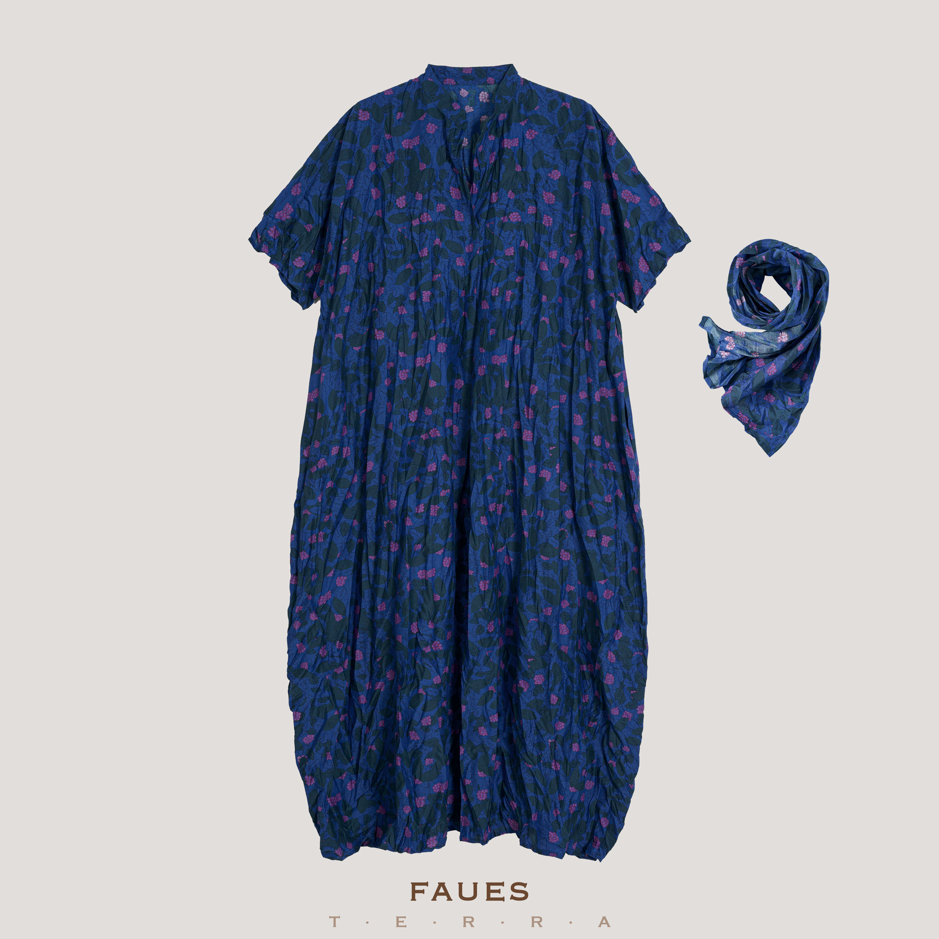 FAUES 夜色小葡萄 意dan*iela gr*gis桑蚕丝棉褶皱短袖宽松连衣裙