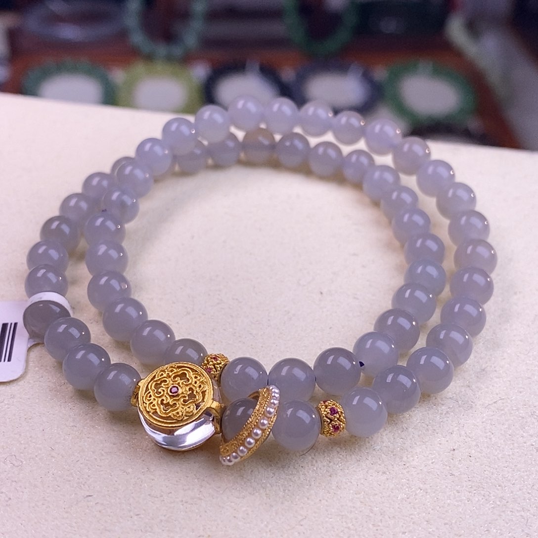 颈饰未镶嵌和田玉冰烟紫6mm双圈手链