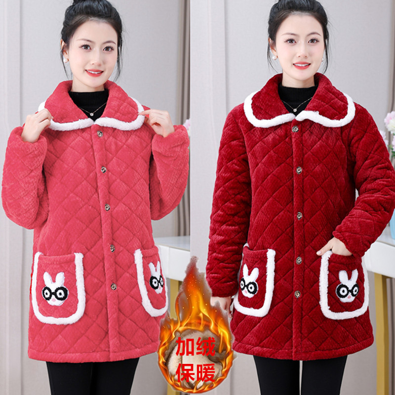 中老年妈妈冬季宽松保暖棉服外套女装中长款加厚棉袄加绒罩衣外穿
