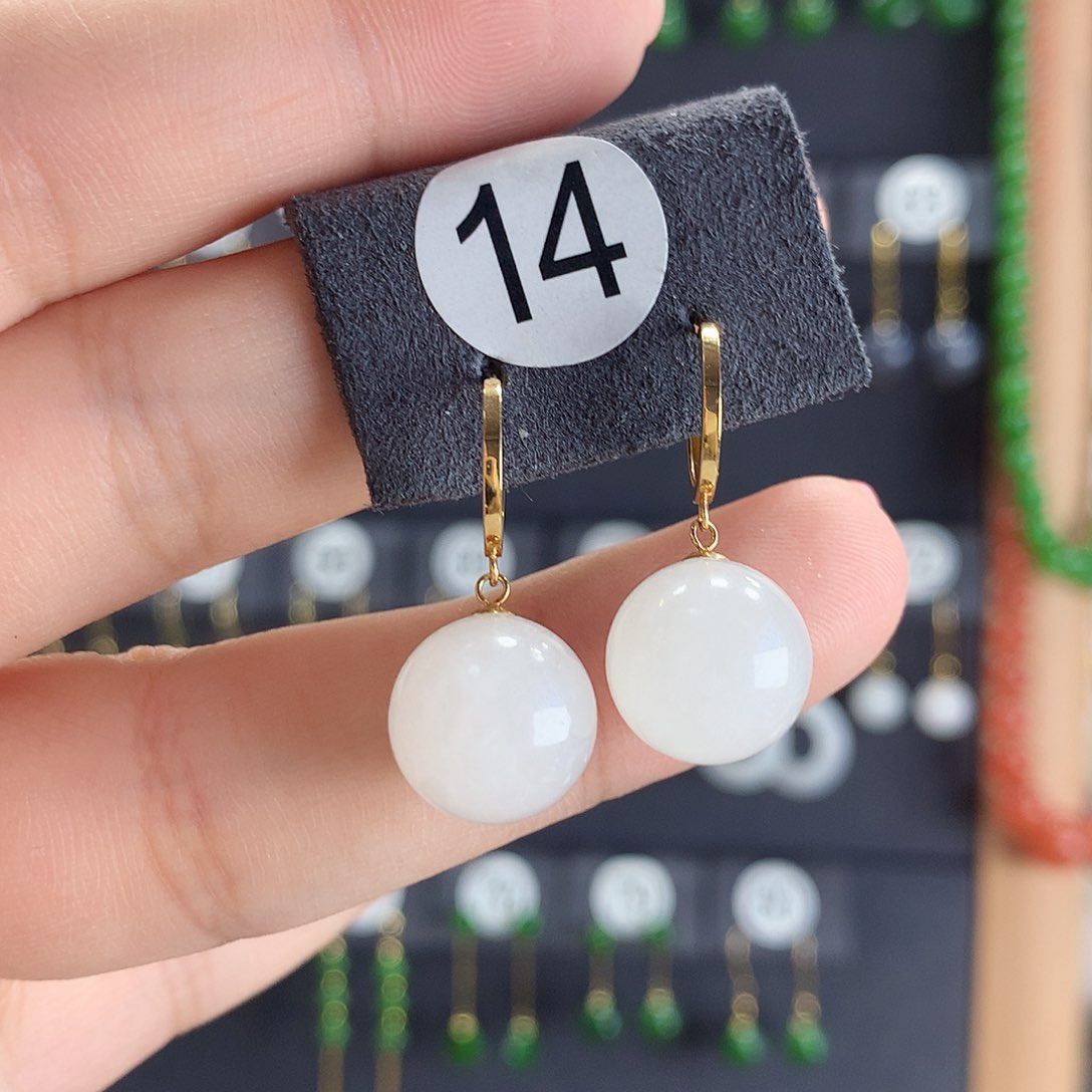 和田玉耳饰18K金镶嵌14