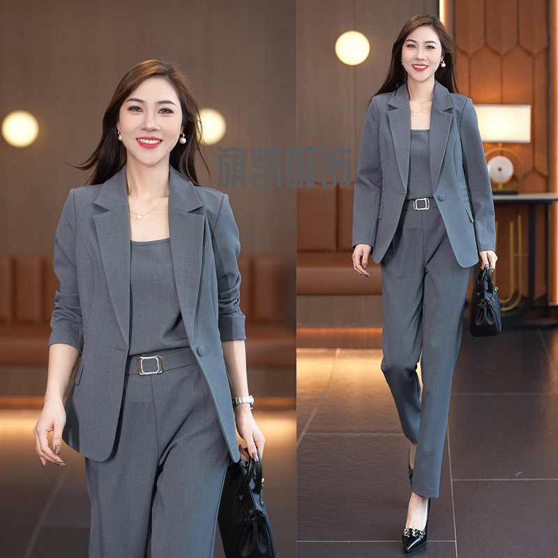 时尚小西装套装女2025秋季新款洋气西服外套吊带背心直筒裤三件套