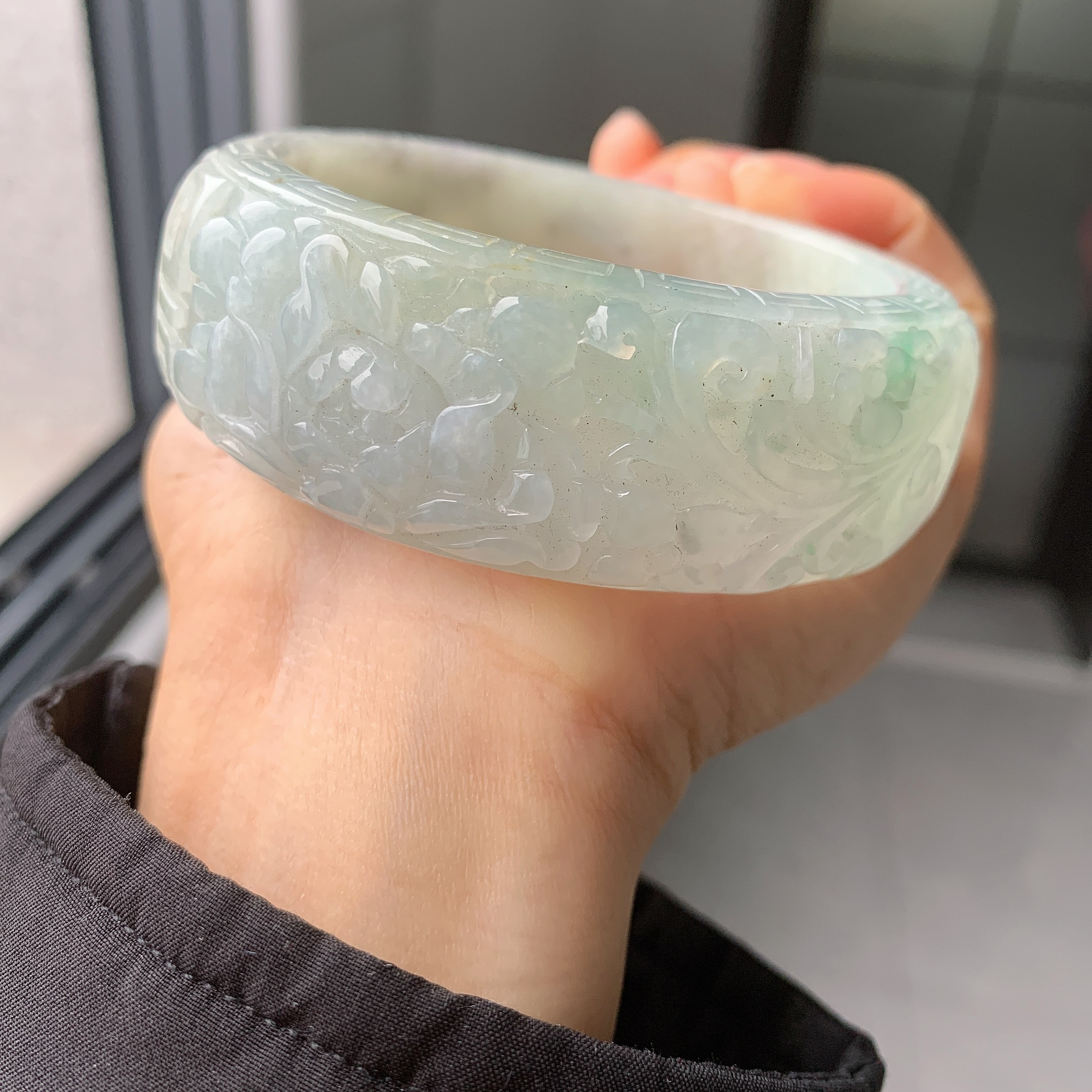 翡翠A货冰晴水牡丹花轮胎手镯59-24.8-10