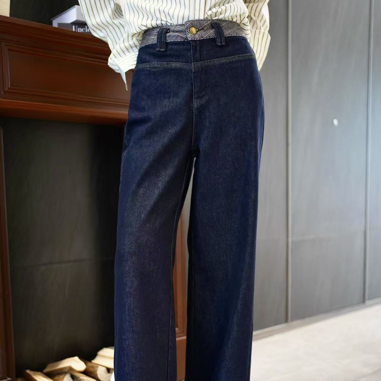 MM33625 南油牛仔裤加厚豹纹拼接