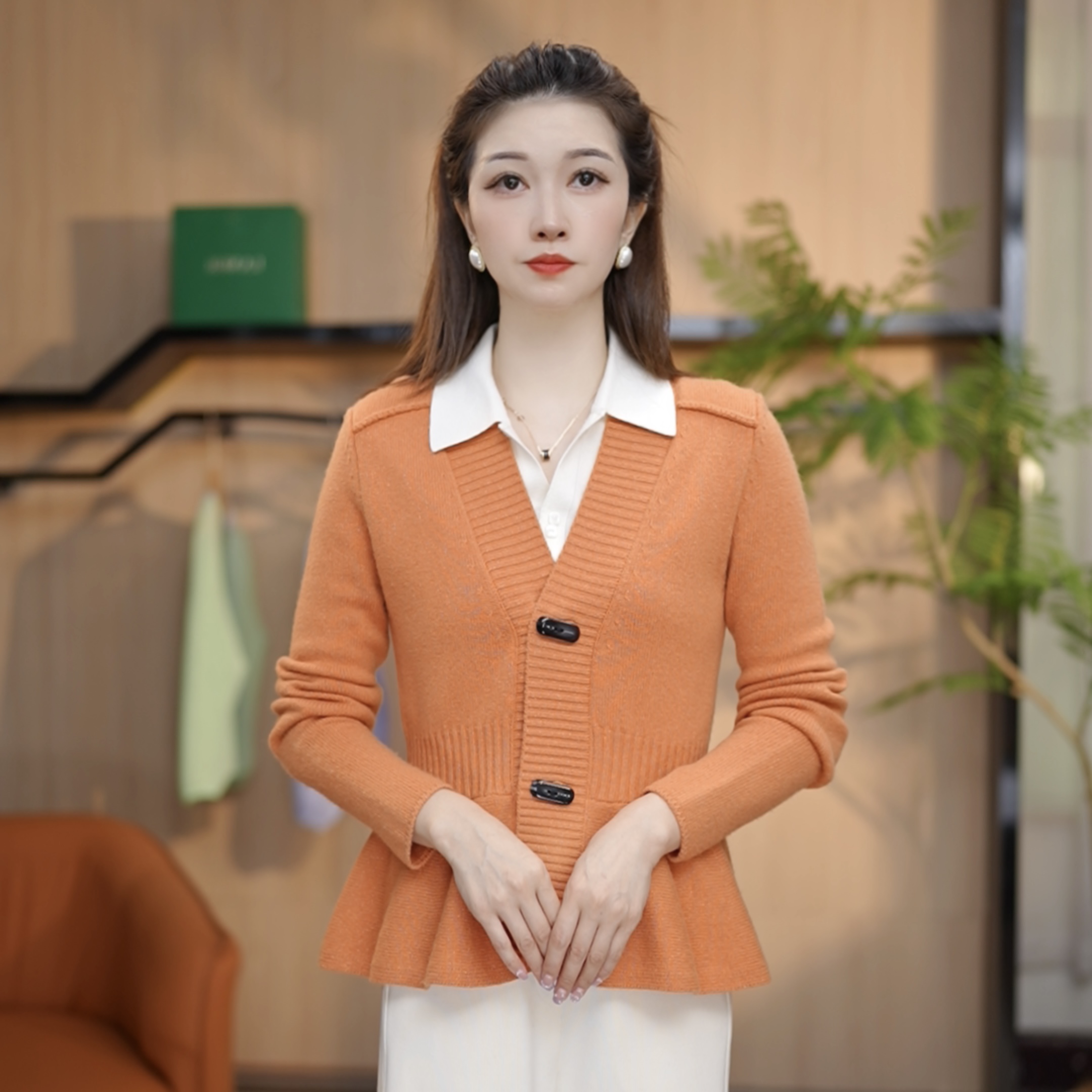 100%绵羊毛小香风针织开衫时尚金银丝收腰显瘦V领毛衣外套Y276