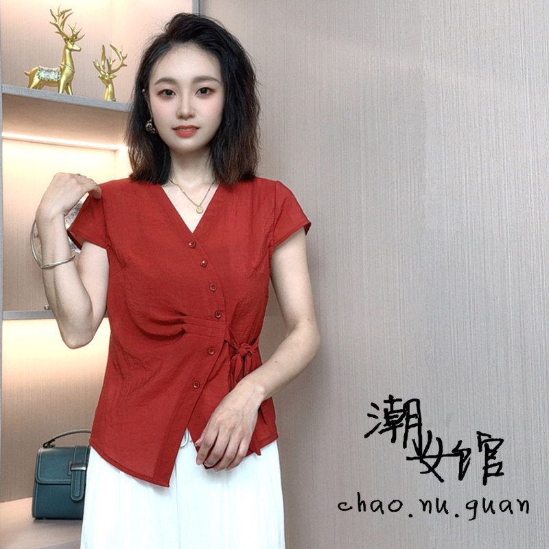 夏季新款时尚百搭洋气减龄显瘦女短袖气质V领T恤修身短款上衣小衫