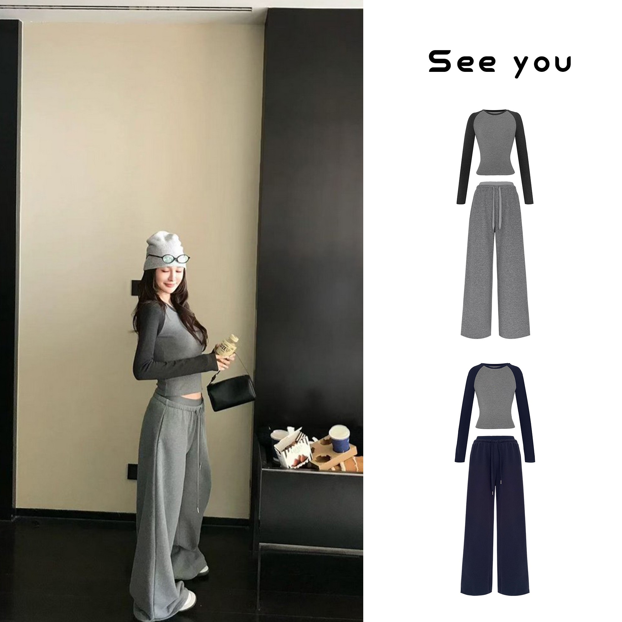 温网俱乐部'韩女私服~磨毛撞色插肩袖卫衣套装L2144+L2145