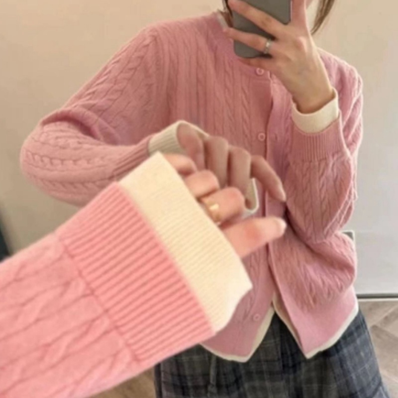 KUNGE- 秋冬叠穿假两件100%纯羊毛圆领麻花针织开衫女上衣8728