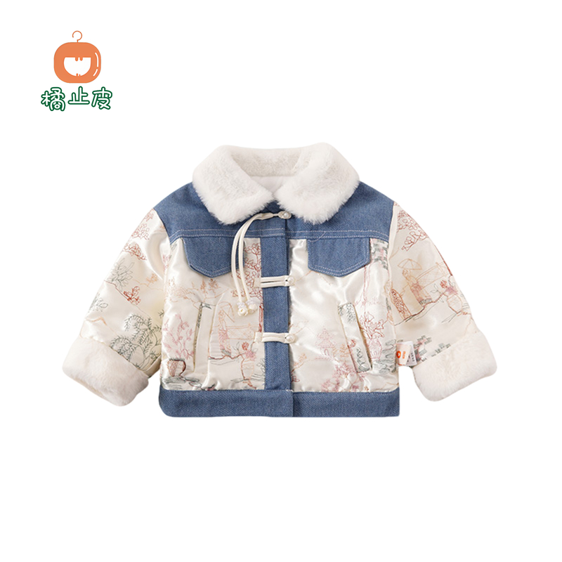 【橘止皮】儿童牛仔外套秋冬新款国风拼接加绒保暖毛领外套QW246821