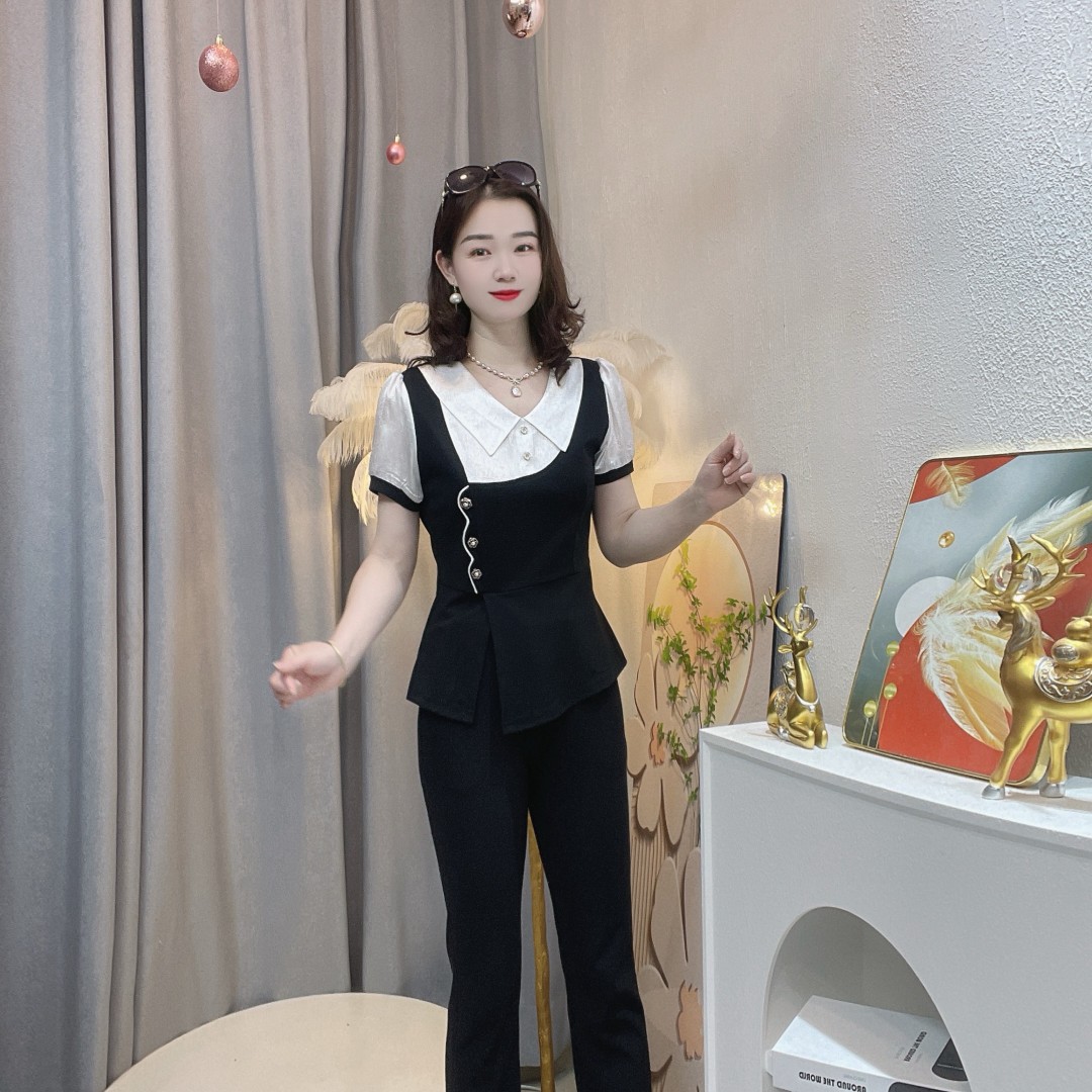 新款短袖女高端时尚轻奢洋气修身气质显瘦减龄娃娃领长裤套装 985