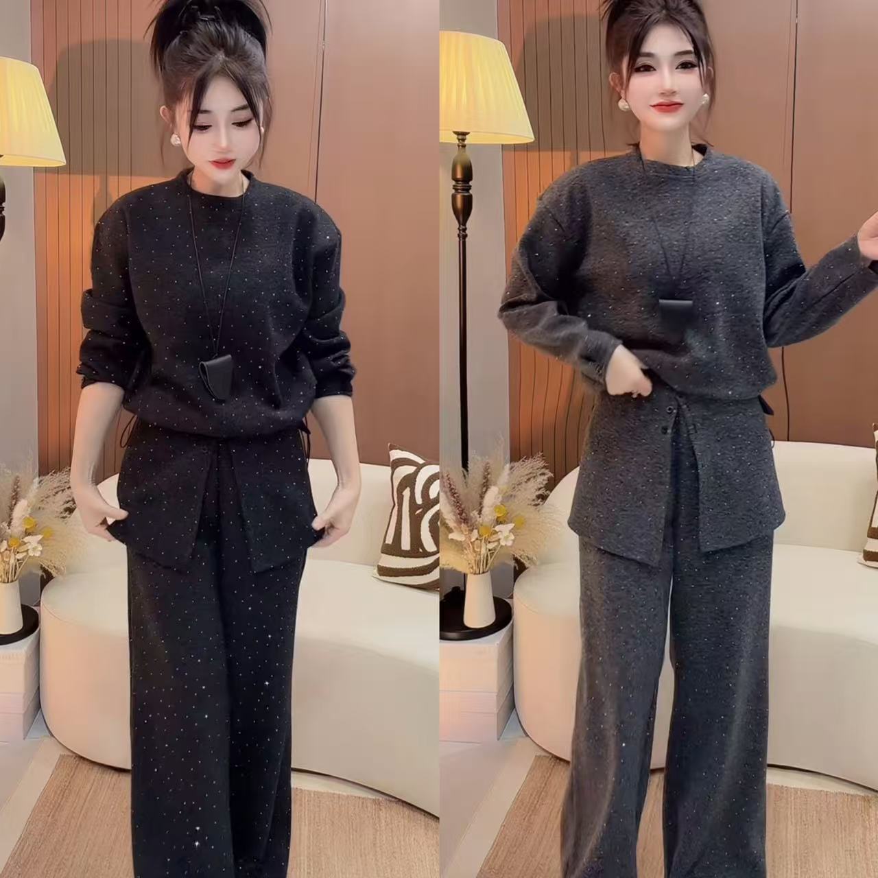 时尚纯色亮闪闪两件套长袖圆领满天星阔腿裤套装气质设计秋冬新款