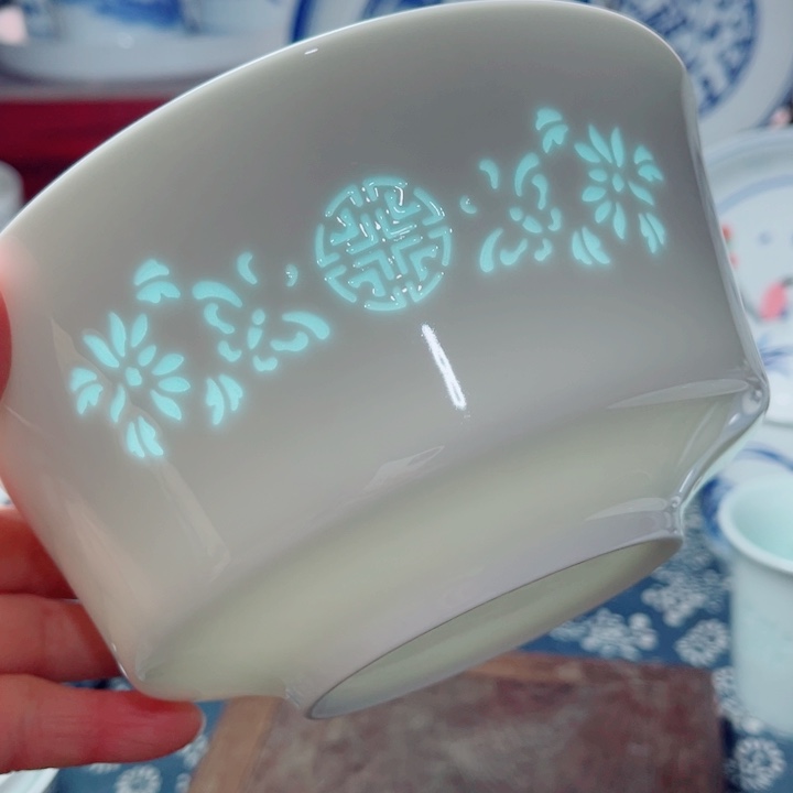 青花玲珑6.5寸面碗花雕小失圆