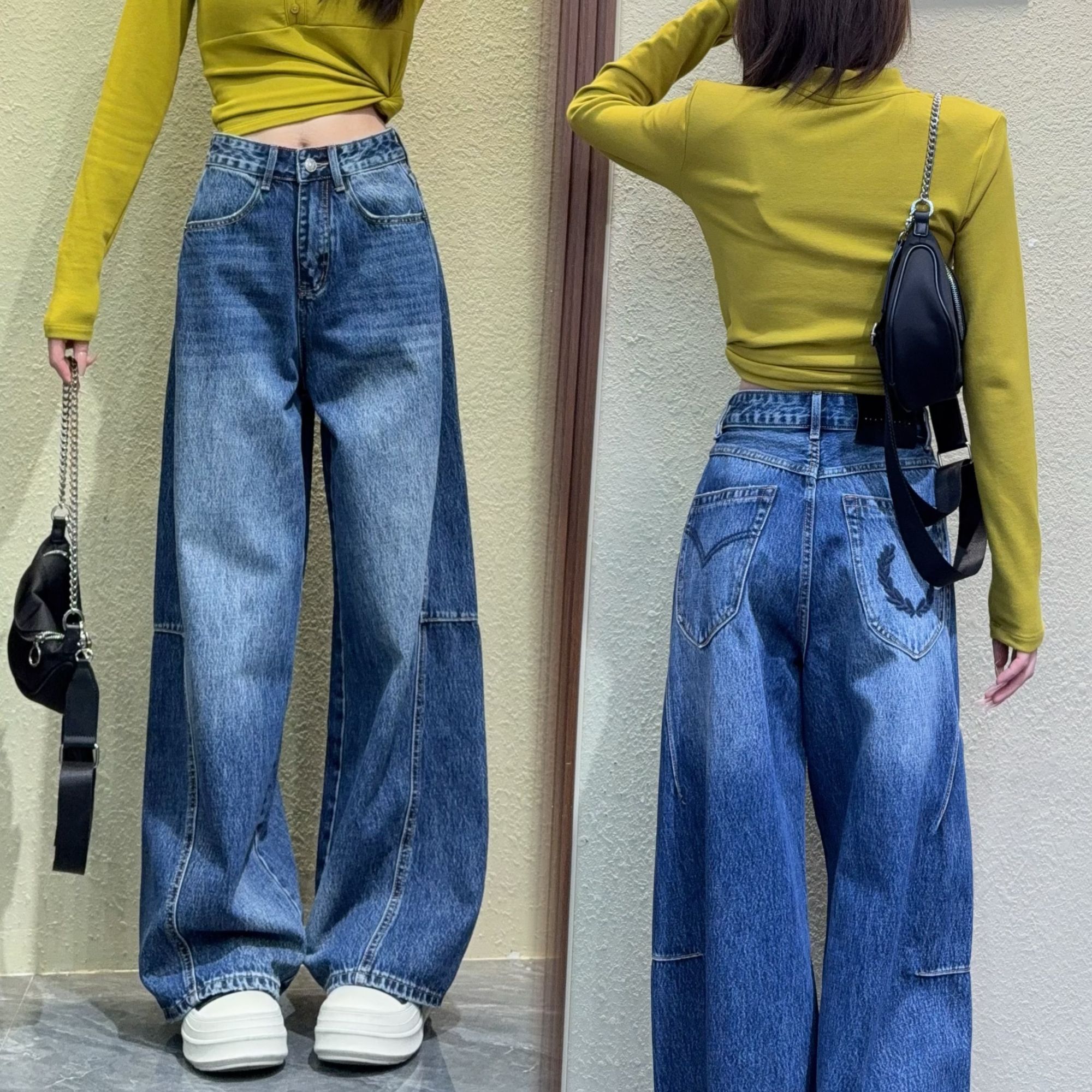 新款美式风设计感高级感百搭高腰直筒裤阔腿裤B1077#牛仔裤女潮