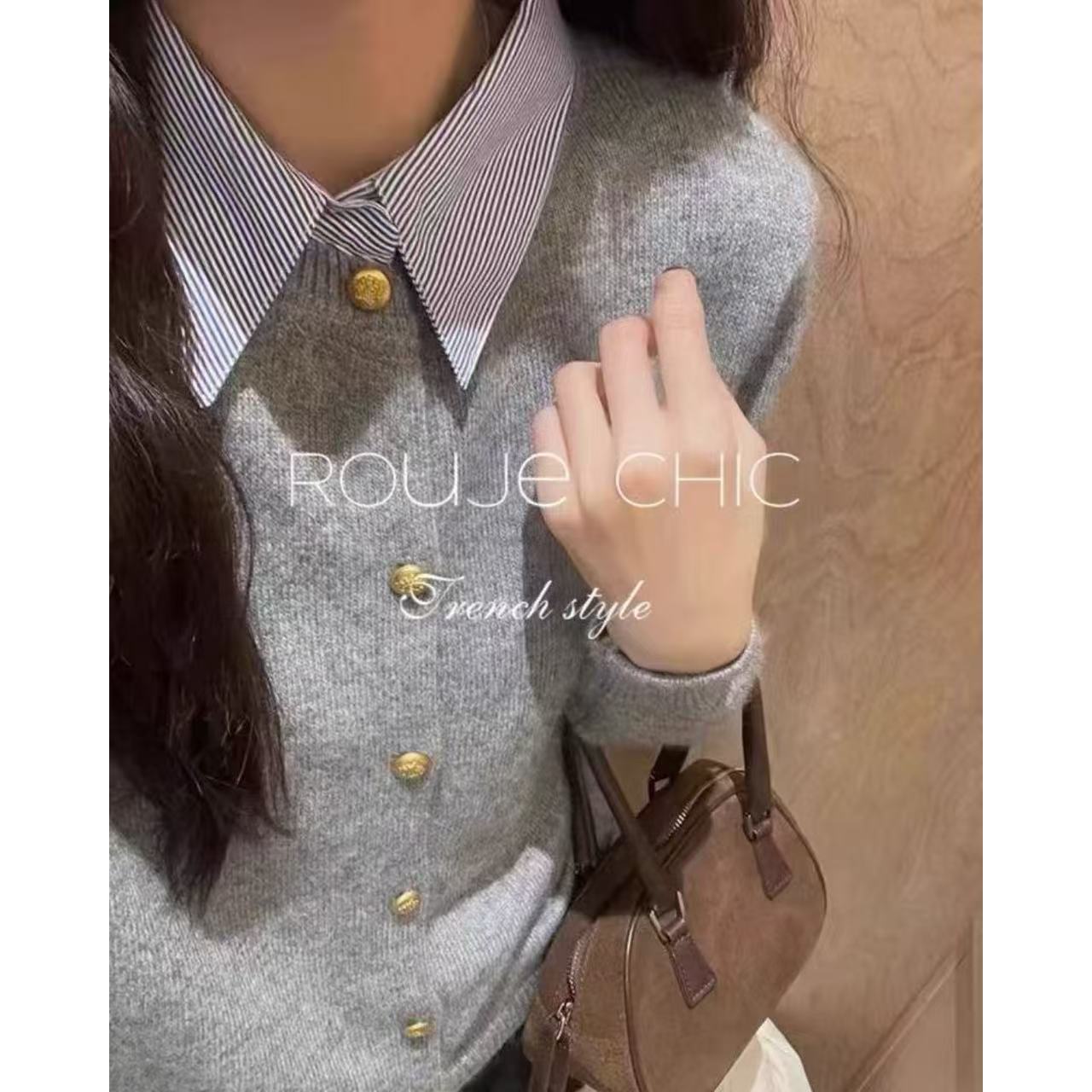 秋冬新款衬衫领拼接纯色宽松百搭针织衫开衫外套女3976