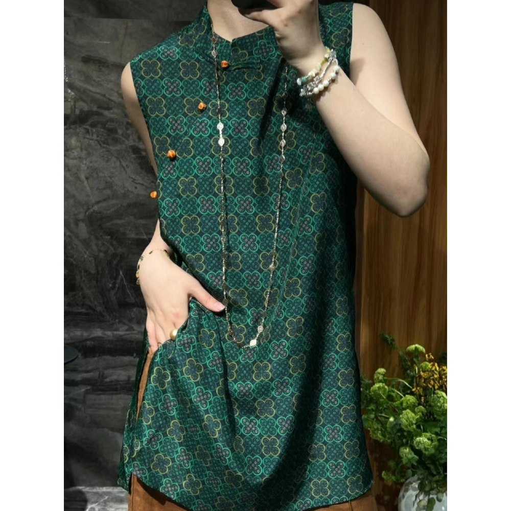 新中式女装孔雀绿色提花无袖衬衫中长款夏季斜襟盘扣上衣复古小衫