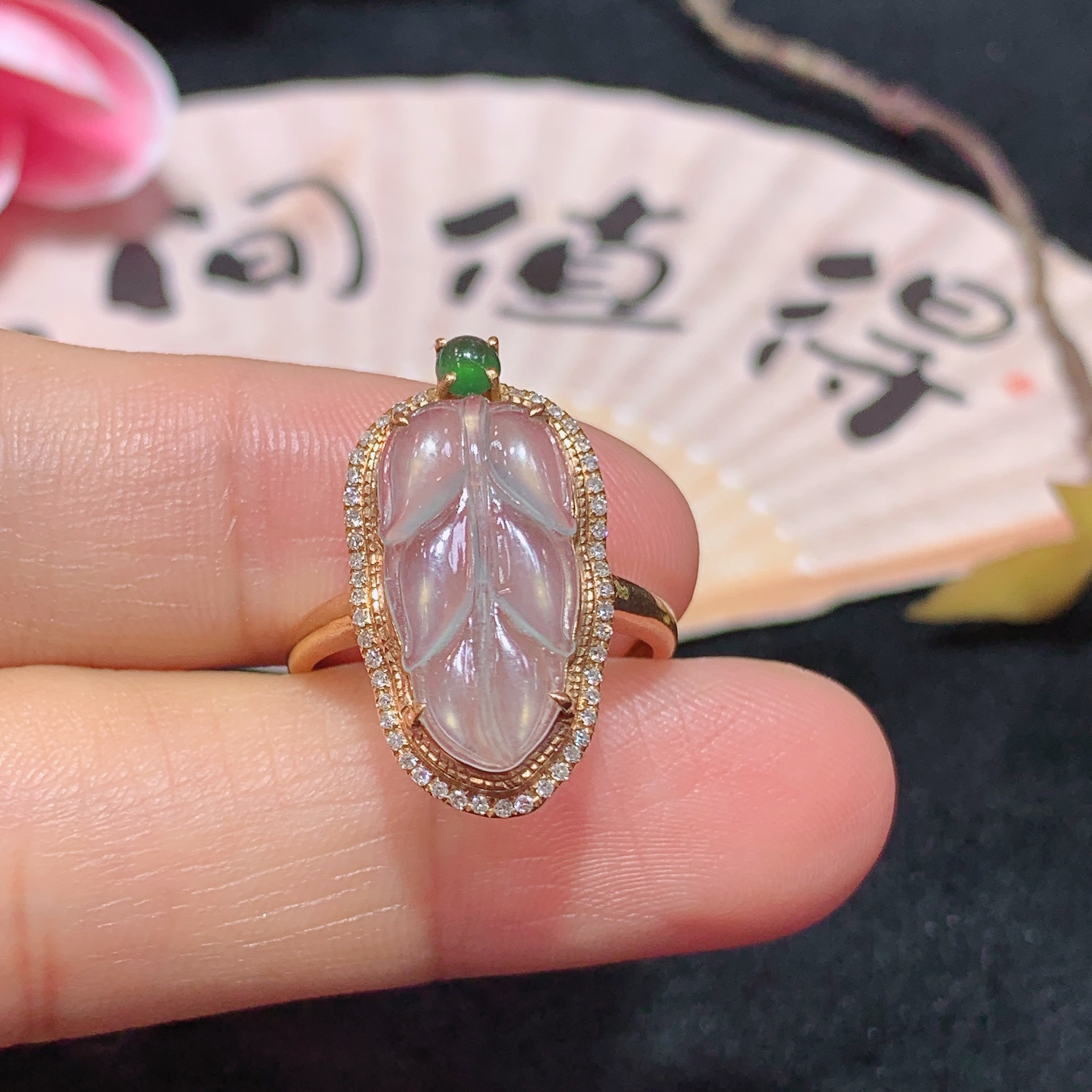 18k金天然A货翡翠树叶戒指轻奢时尚气质经典款