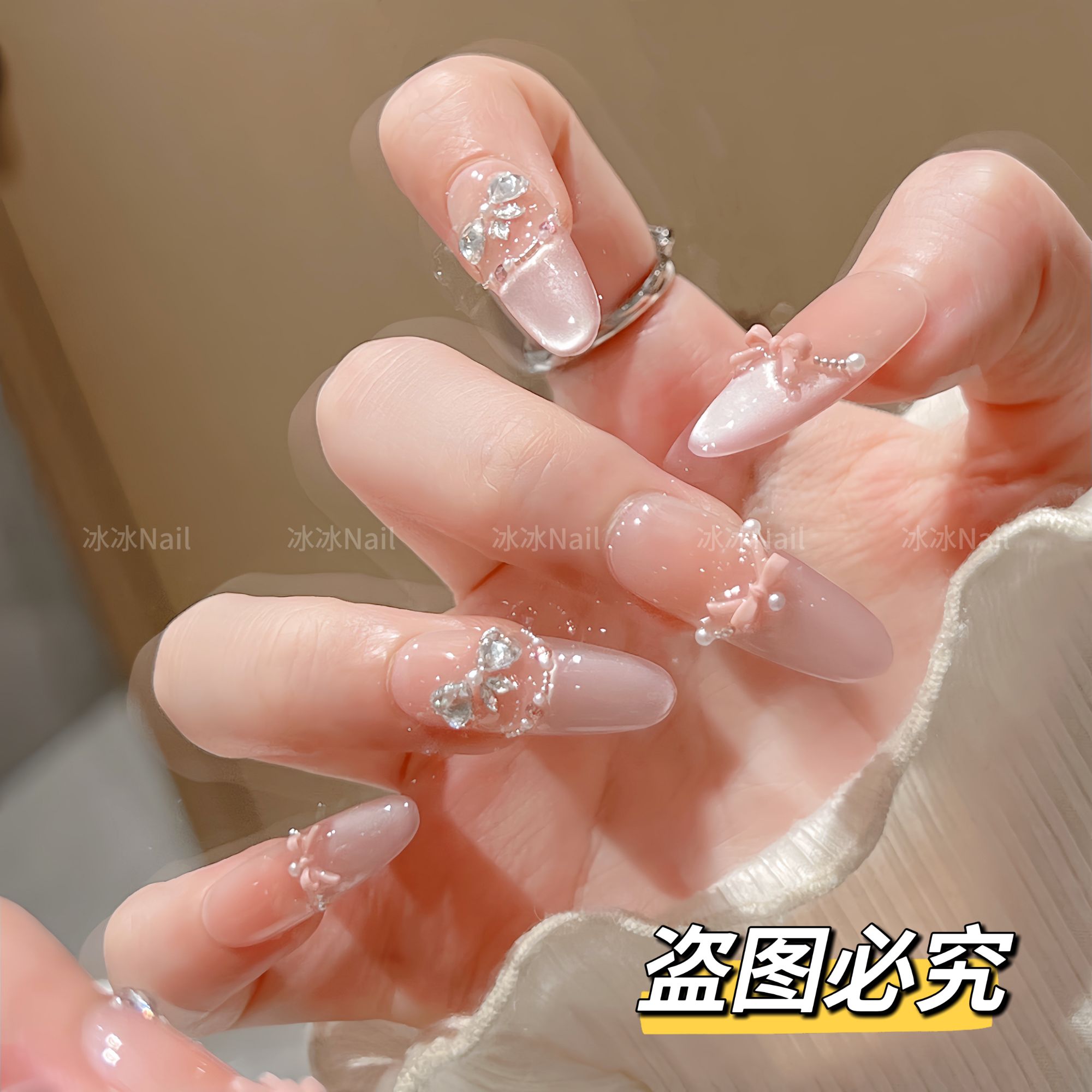 【蝴蝶少女】显白裸粉色蝴蝶结设计时尚清新纯手工穿戴式美甲贴片
