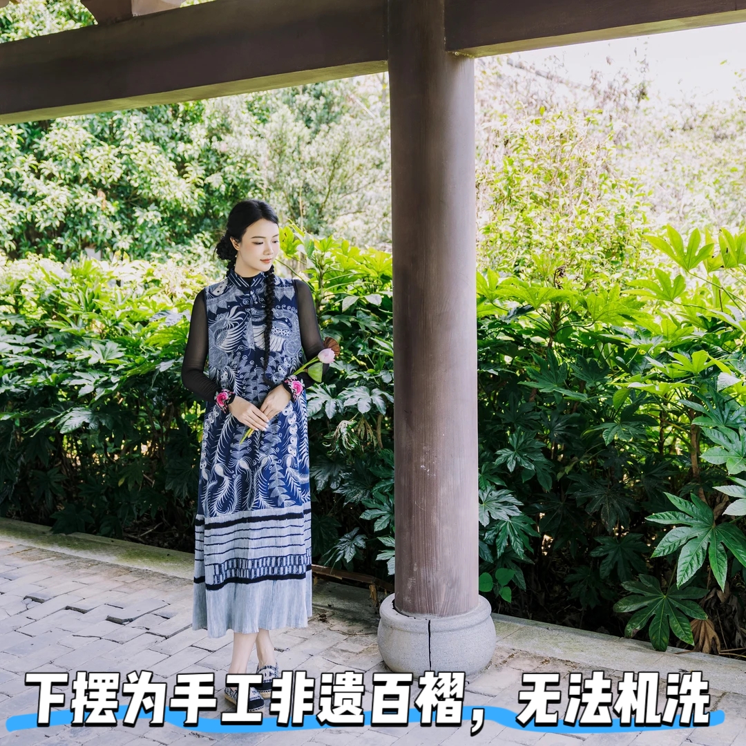 【绘凤】民族风手工植物蜡染碎花夏季复古连衣裙长裙小花苗百褶裙