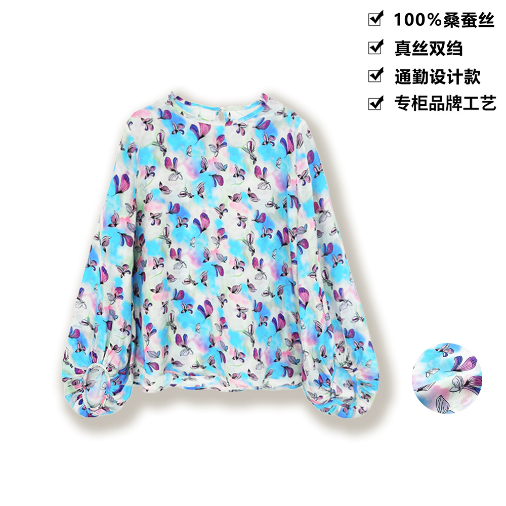 100真丝双绉欧若风彩蝶晕染圆领印花桑蚕丝t恤上衣DLX263