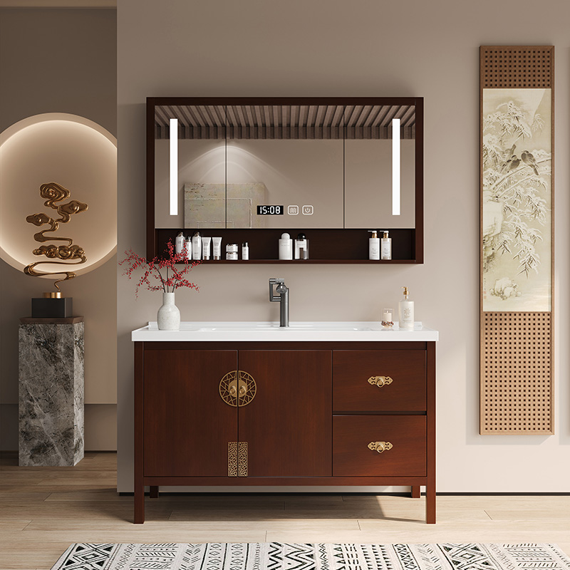 新中式橡胶木浴室柜组合陶瓷一体盆卫生间洗手池洗脸盆柜洗漱台柜