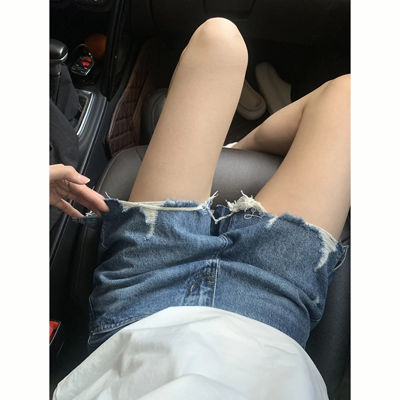 美式破洞磨毛牛仔短裤女2025年夏季新款复古水洗宽松显瘦百搭热裤