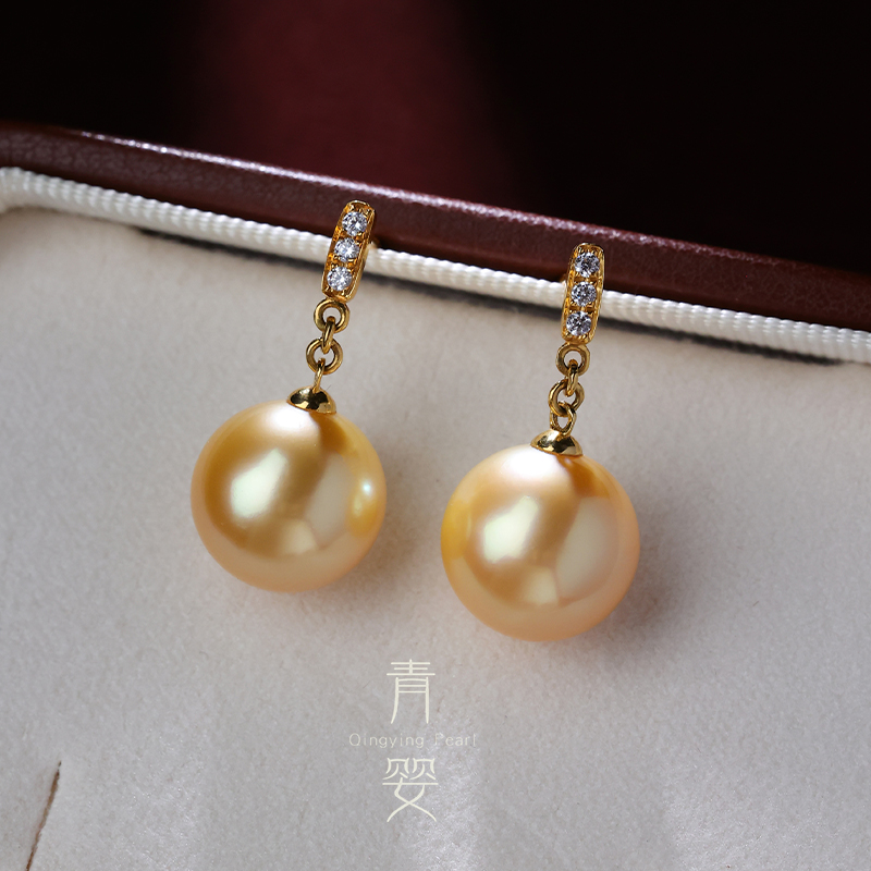 海水南洋金珠耳坠耳环11-12mm精致18K金镶嵌简约浓金*多样性发一