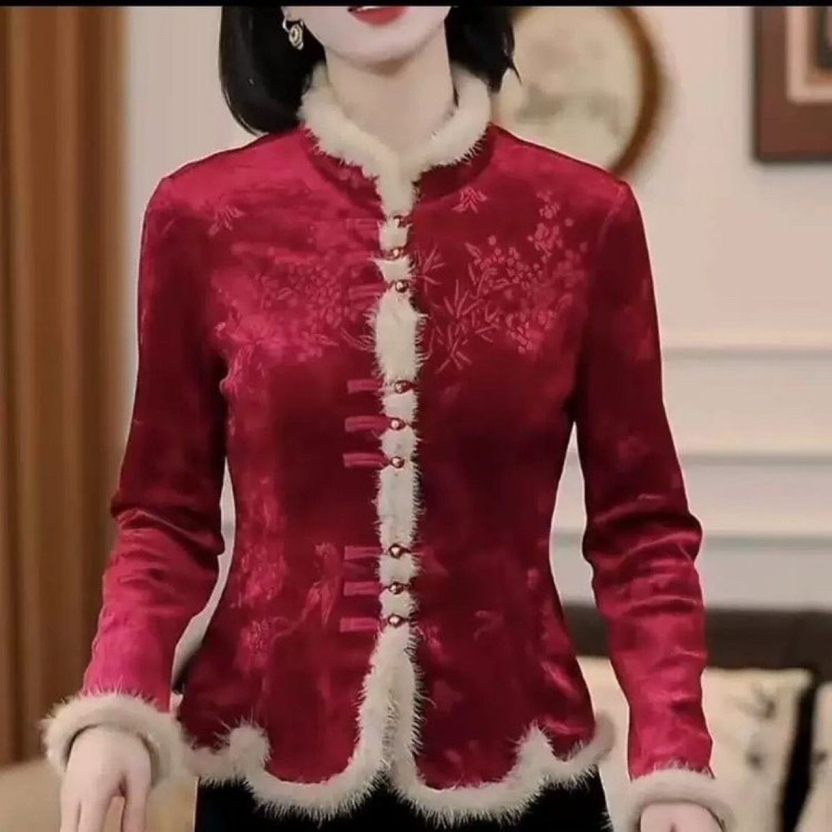 秋冬款中式加绒打底衫外套女复古红色修身加厚显瘦气质妈妈上衣女
