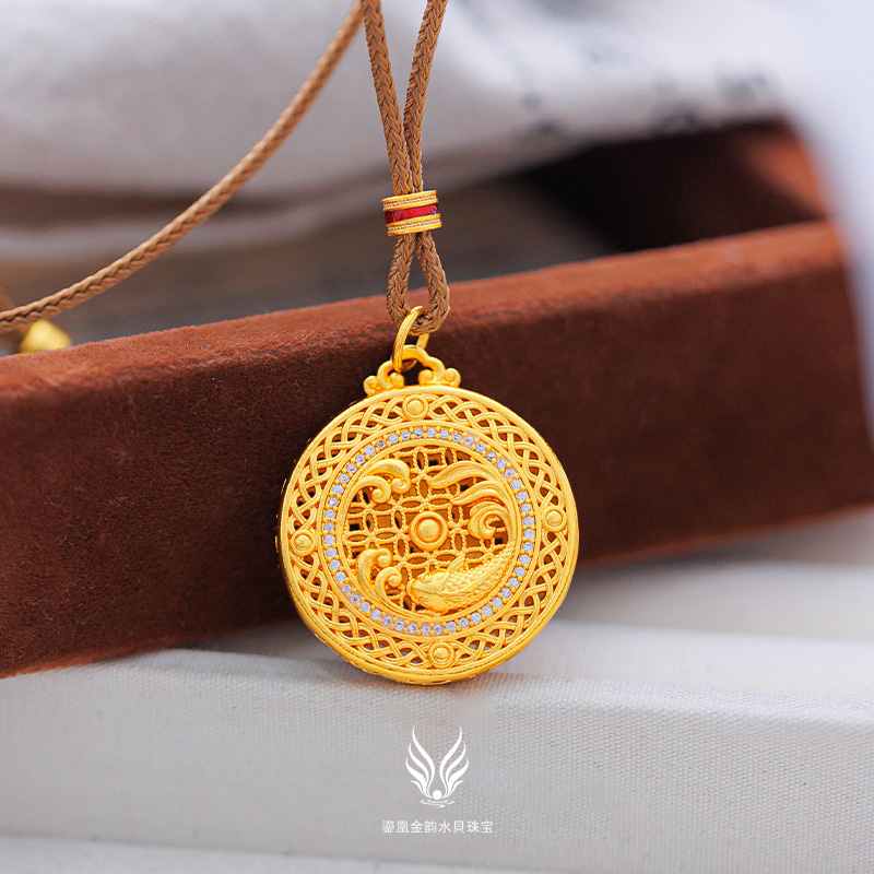 铜合金项链 小师妹 民族风新中式镂空花丝好运锦鲤罗盘项链