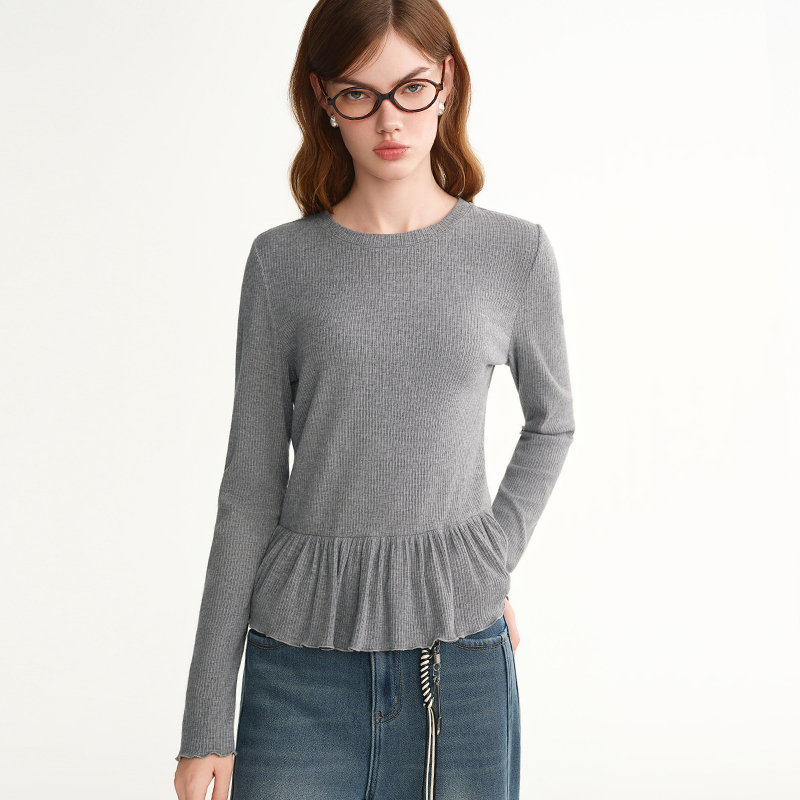 独束大码女装【冬日涟漪】圆领荷叶边打底衫显瘦针织25DS84342