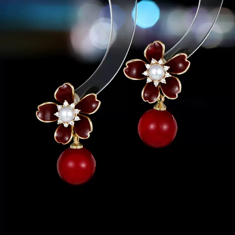 铜合金耳饰 【578】红色复古花朵耳环气质时尚耳钉轻奢高级感耳饰女