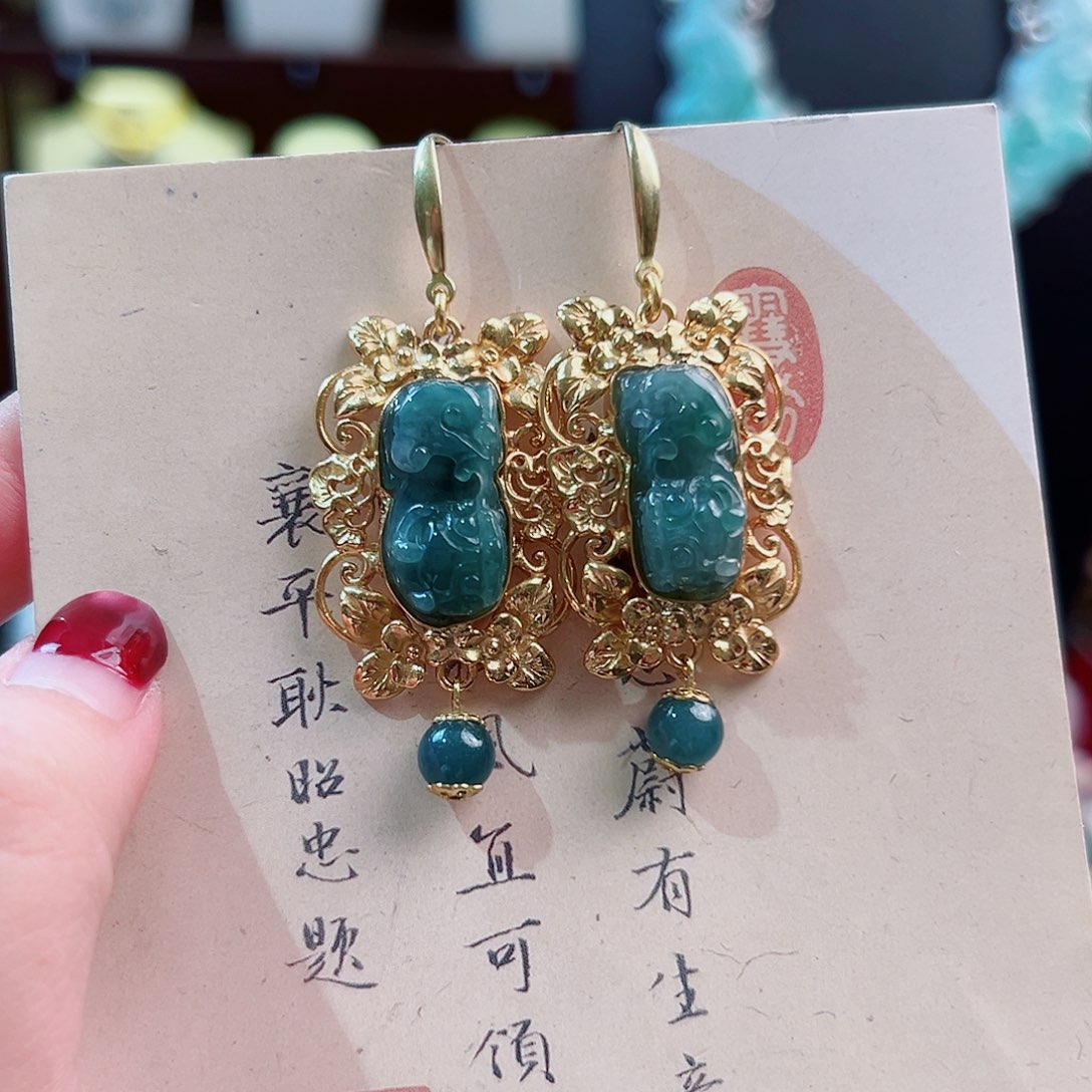 银S925镶嵌翡翠挂件耳环