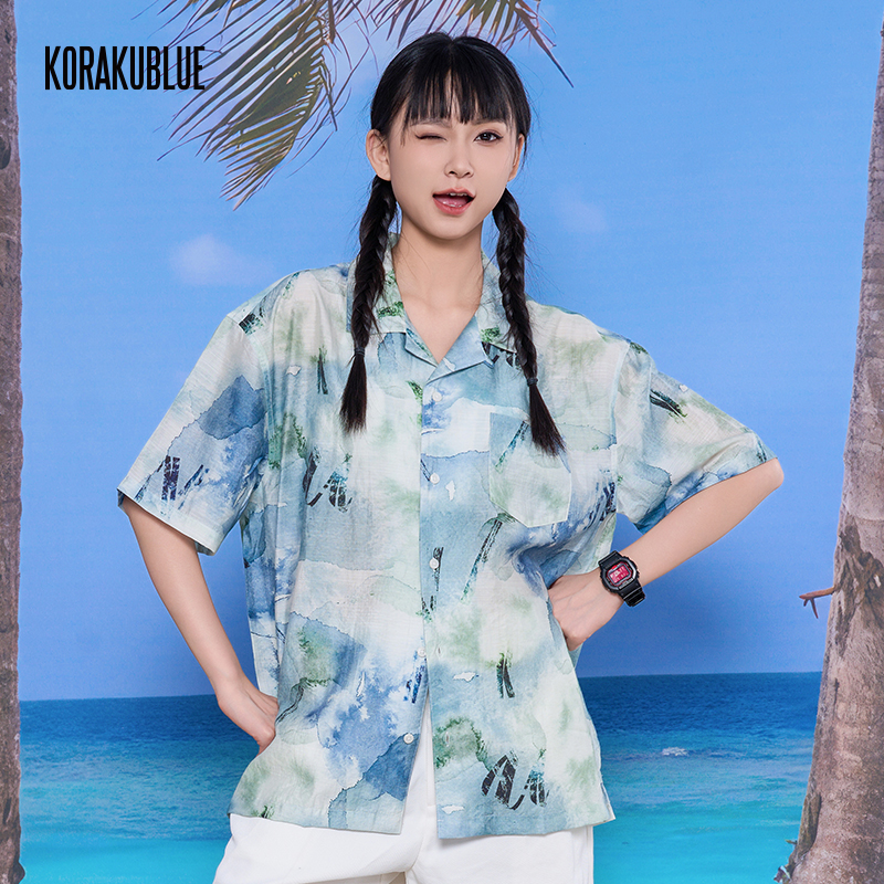 水墨云海夏威夷衬衫蓝布屋夏季轻薄速干宽松短袖衬衣TKBLALA102