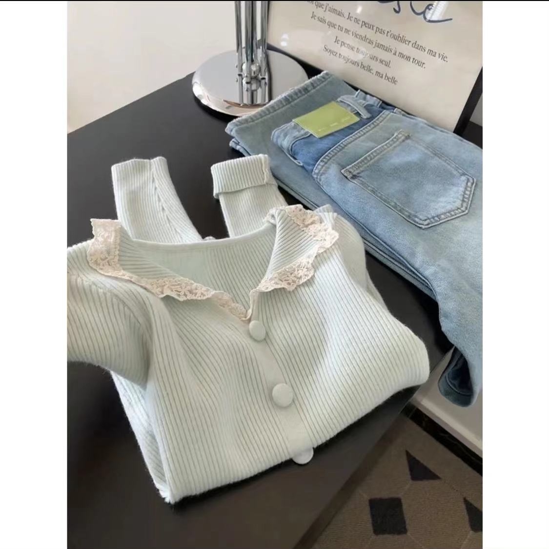 温柔风娃娃领蕾丝边针织衫女秋冬慵懒减龄百搭打底衫长袖上衣8078