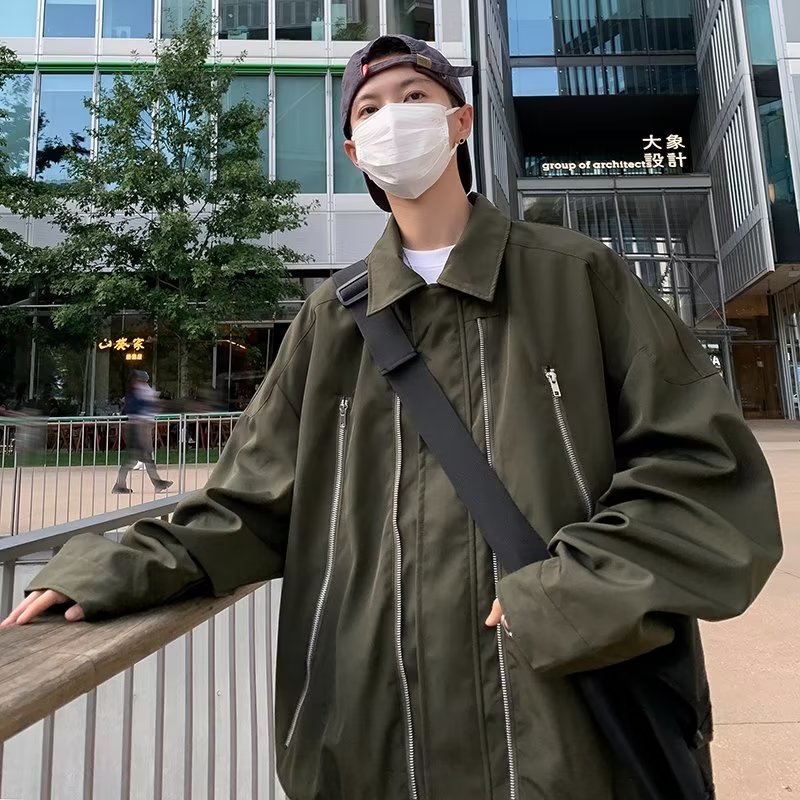 HT25春秋季高街设计感翻领夹克男复古潮牌宽松百搭休闲外套