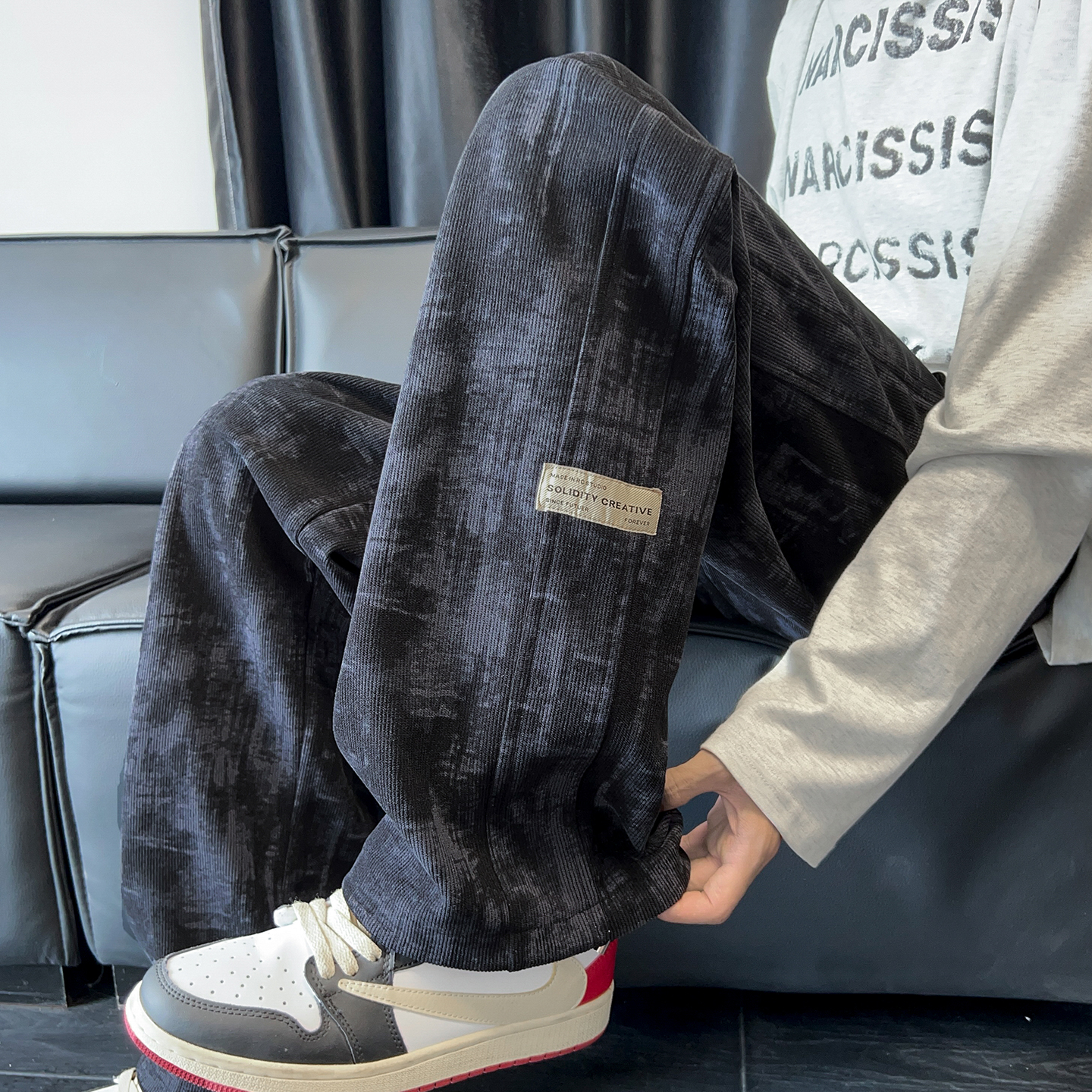 重磅加绒加厚休闲长裤男潮流宽松直筒阔腿裤美式扎染运动卫裤男款