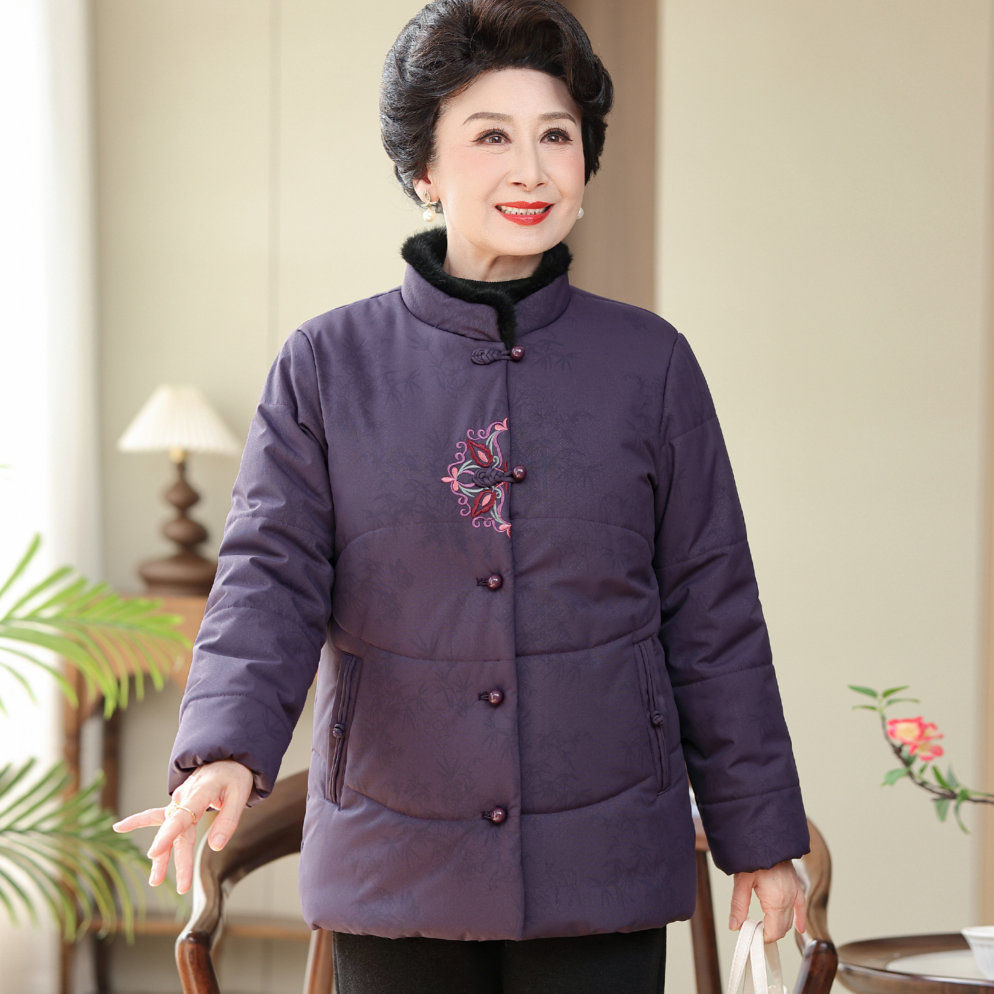 老年人冬装女加厚棉服外套婆婆妈妈冬季兔毛领子棉袄唐装奶奶衣服