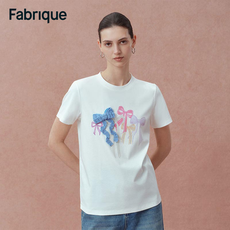 Fabrique Ivy 春夏新款蝴蝶结钩针烫钻印花桑蚕丝棉休闲短袖T恤