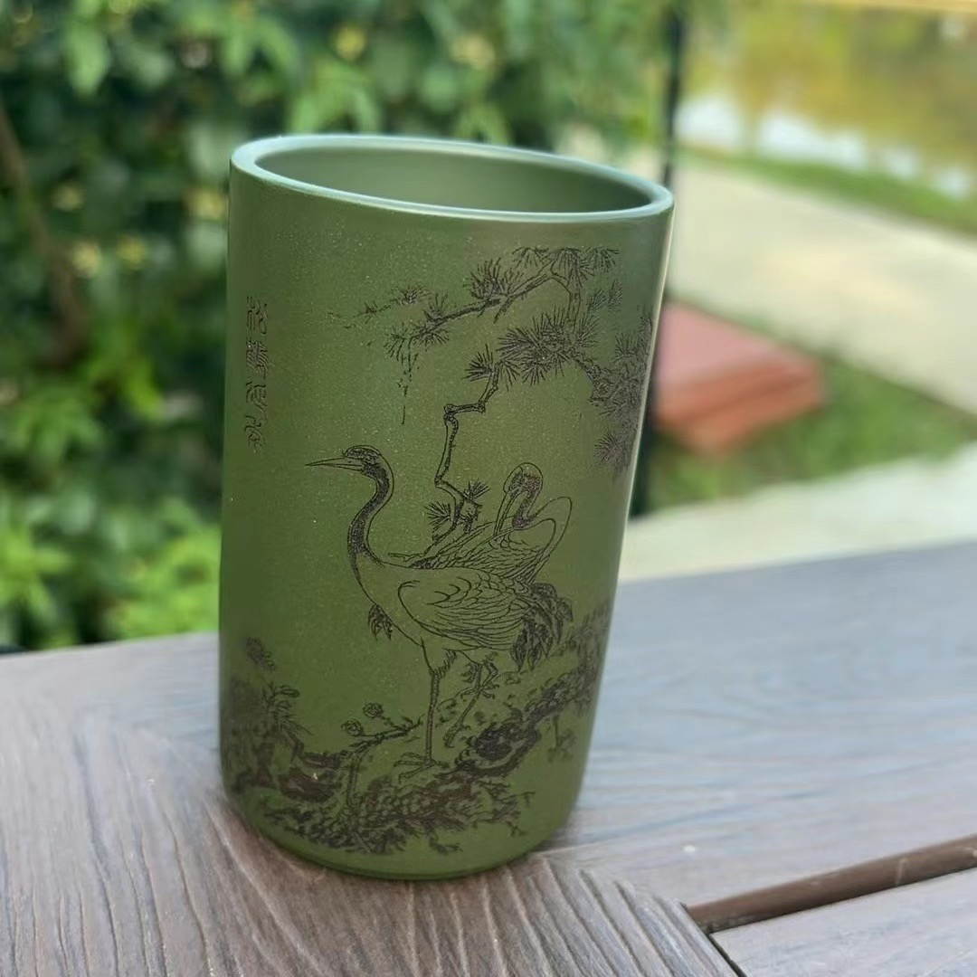 宜兴紫砂主人杯手工刻绘仙鹤松鹤延年和百寿图原矿绿泥容量160c