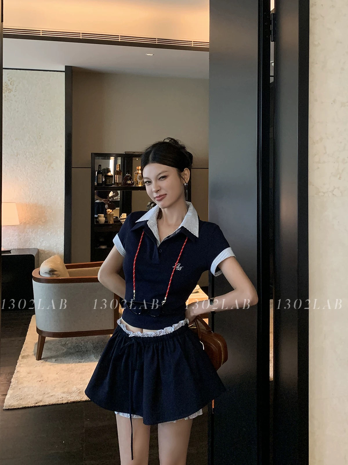 miu系学院纯欲风美式学院polo衫气质减龄撞色套装