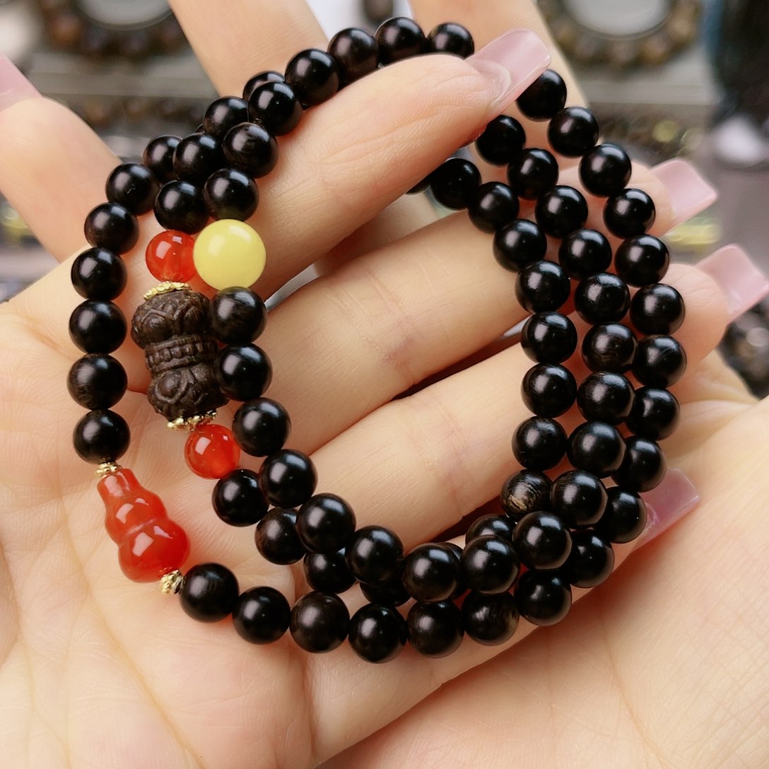 沉香手串帝王紫棋玉化老料满樱子瘤疤0.6圆珠三圈款